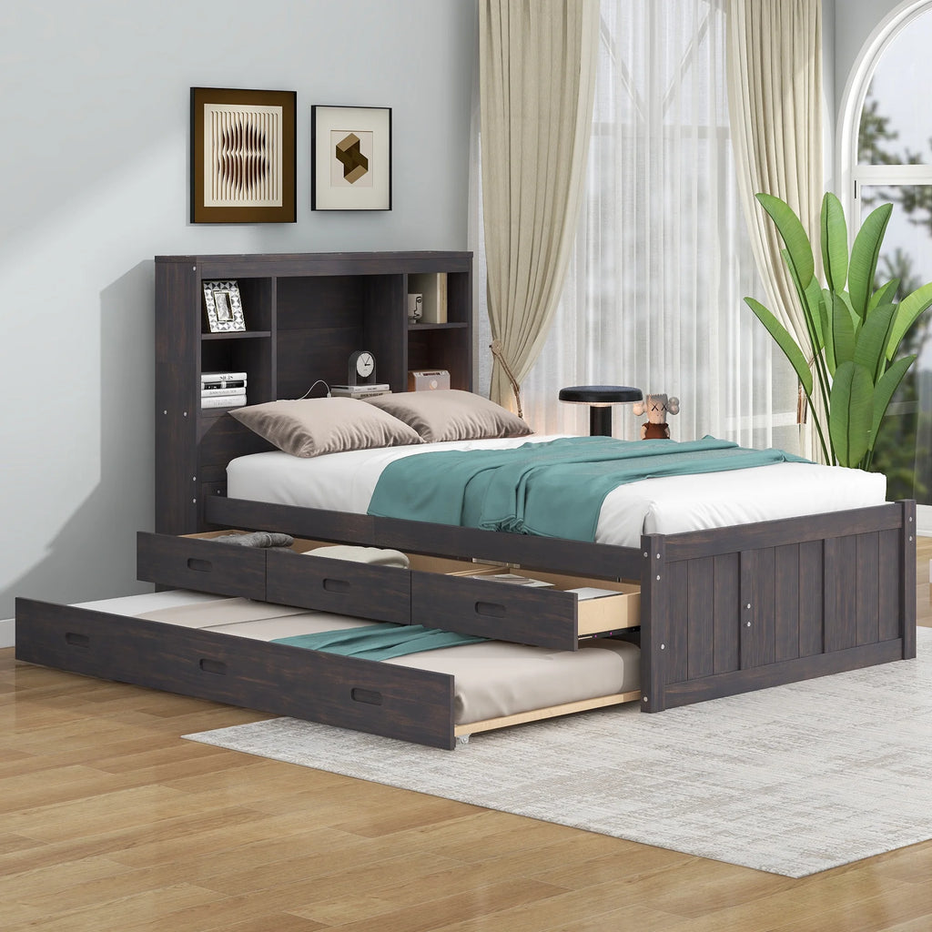Twin Size Wood Platform Bed with Storage Headboard and Trundle C202605