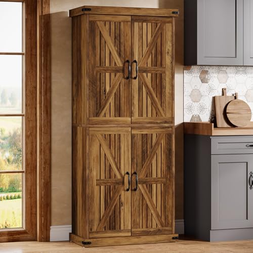 71" Tall Kitchen Pantry, Farmhouse Storage Cabinet with Barn Doors and Adjustable Shelves, Rustic Wooden Cupboard, Brown H98457
