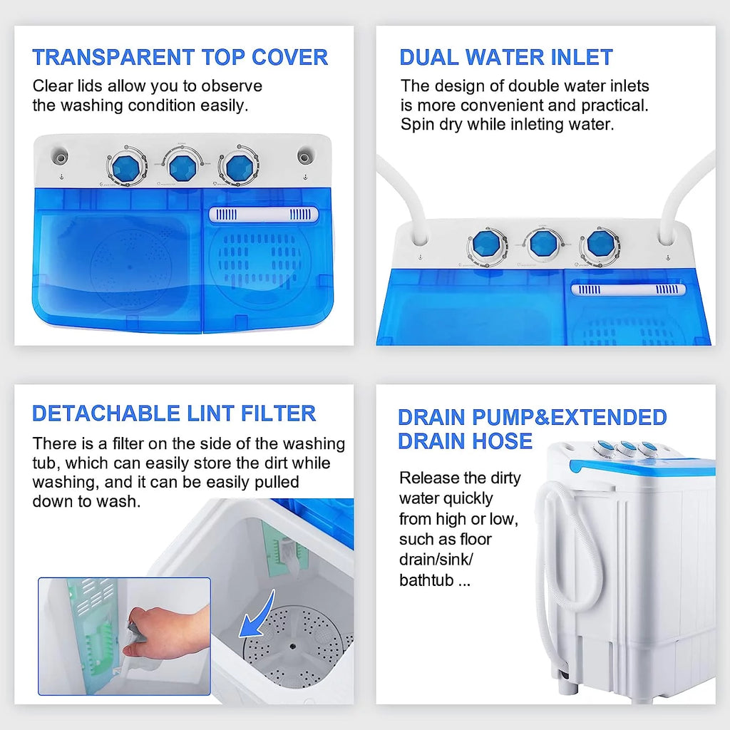 Mini Washing Machine, 11lbs Washer & 6.6lbs Spin Dryer Combo, Compact Washer Machine with Drain Pump A61252
