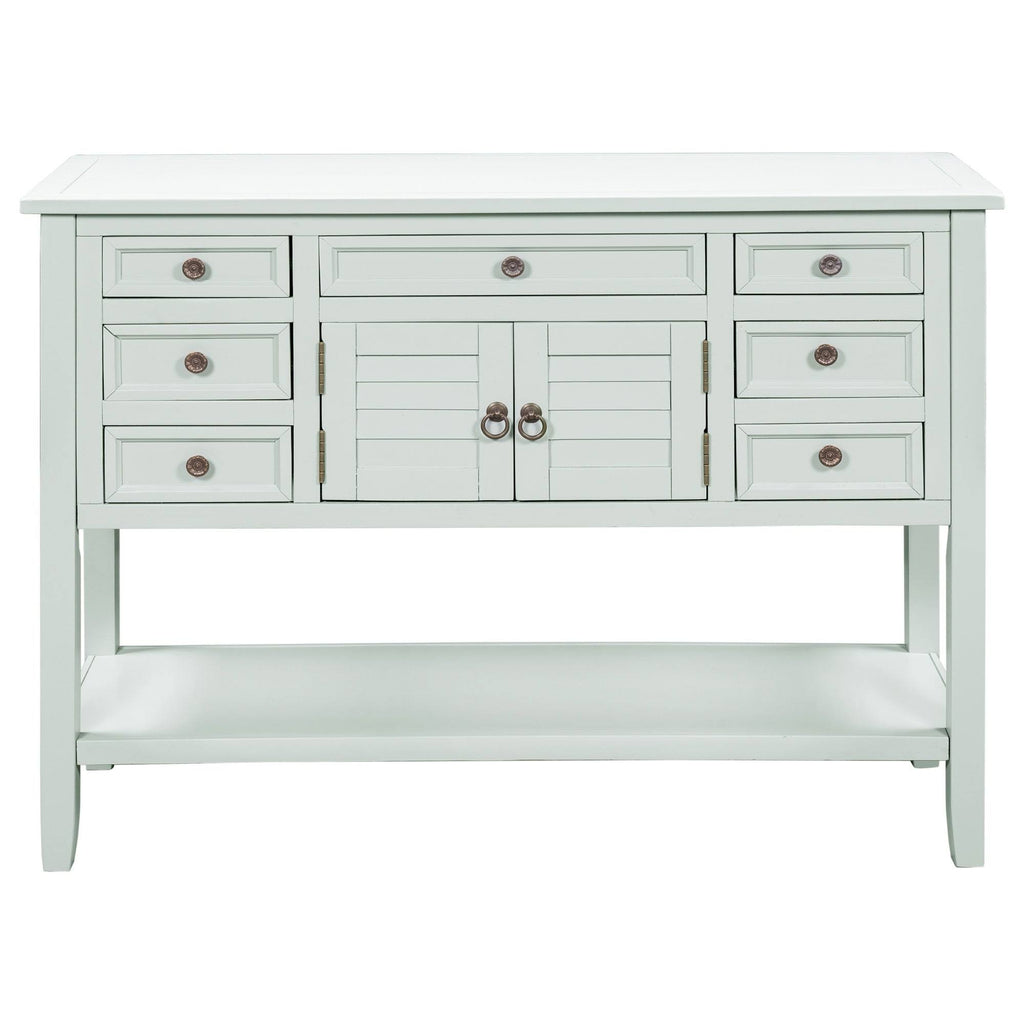 Light Blue Green Pine Console Table with 7 Drawers 1 Cabinet 1 Shelf V3550