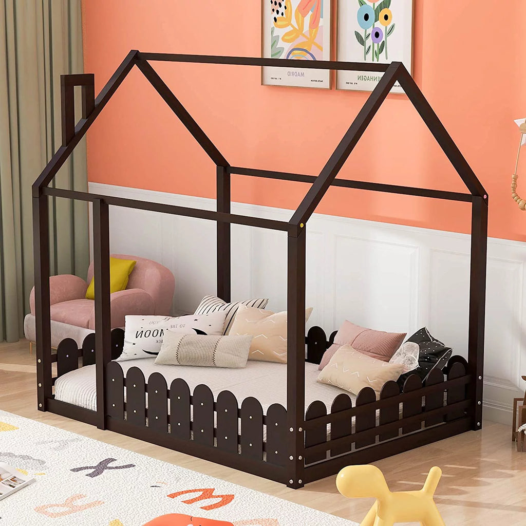Full Size Pine Wood Cabin Bed with Guardrails N654