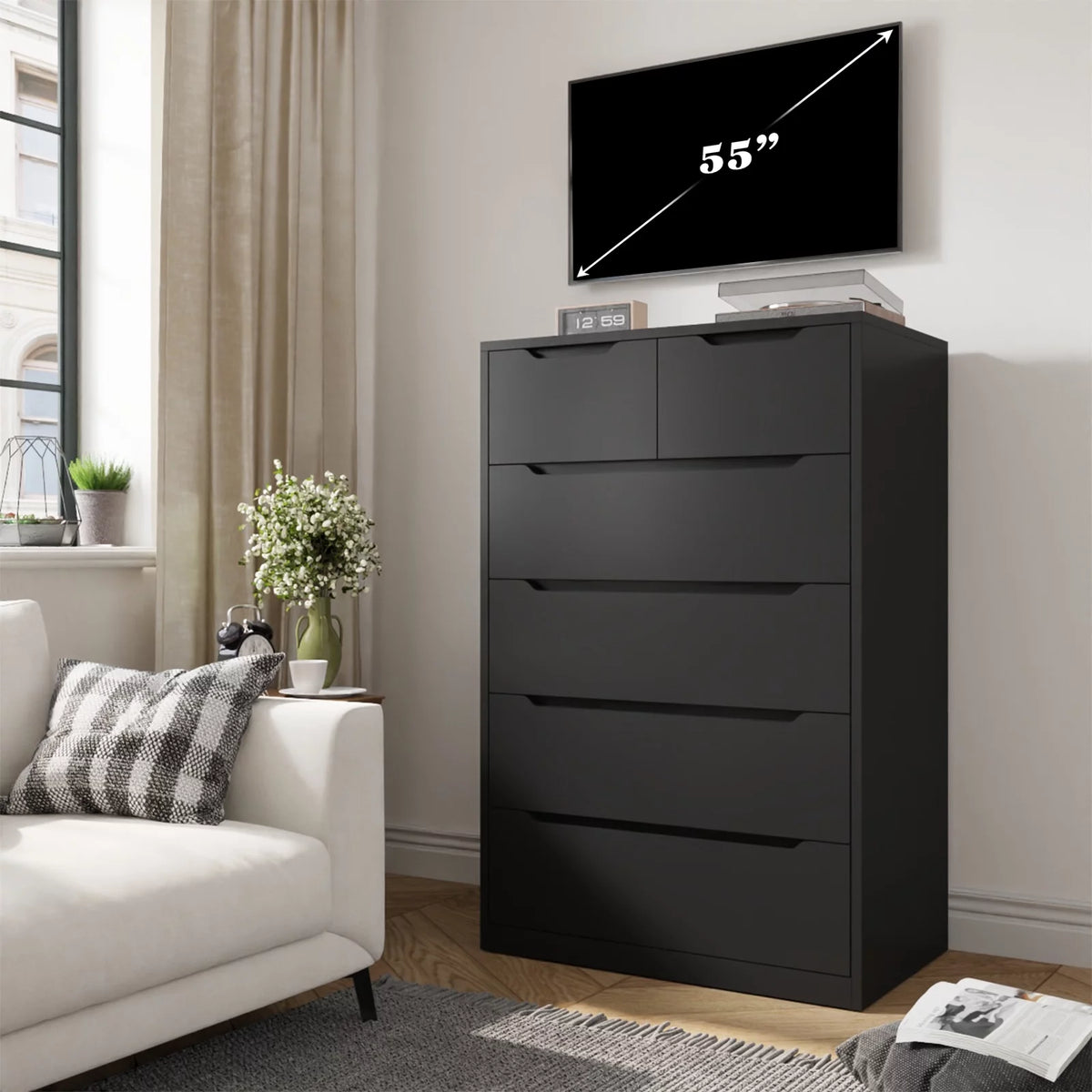 Black Tall Wood 6 Drawer Dresser A110