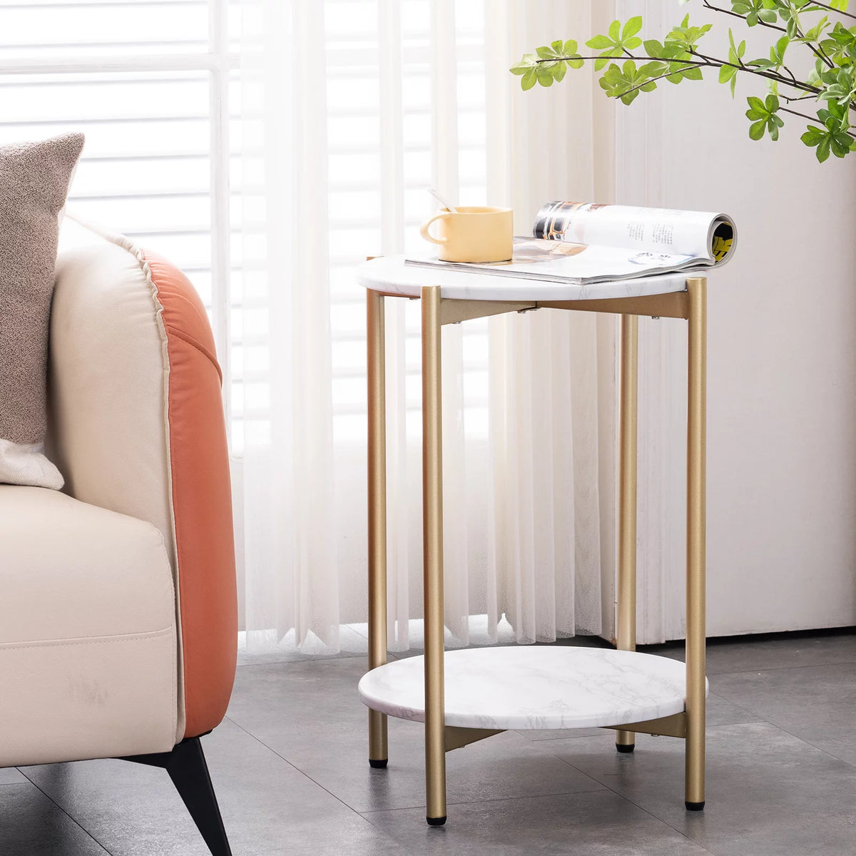 Gold White 2-Tier Round Faux Marble End Table T12201