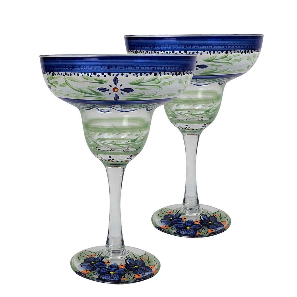 Set of 2 Green Floral Hand Painted Stemware Glasses 12 oz Z7394