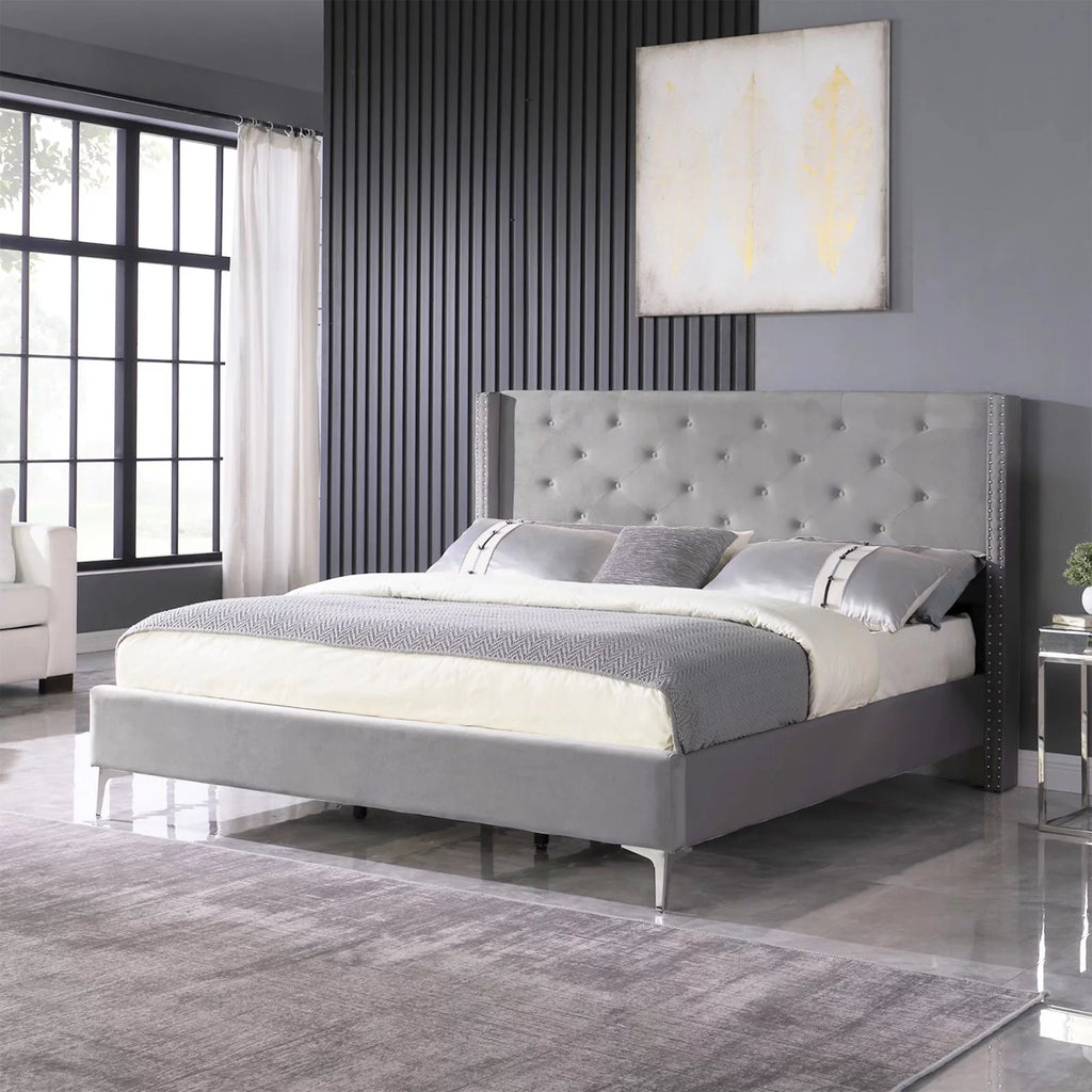 Wood Platform Bed Frame with Upholstered Headboard California King Gray I1671