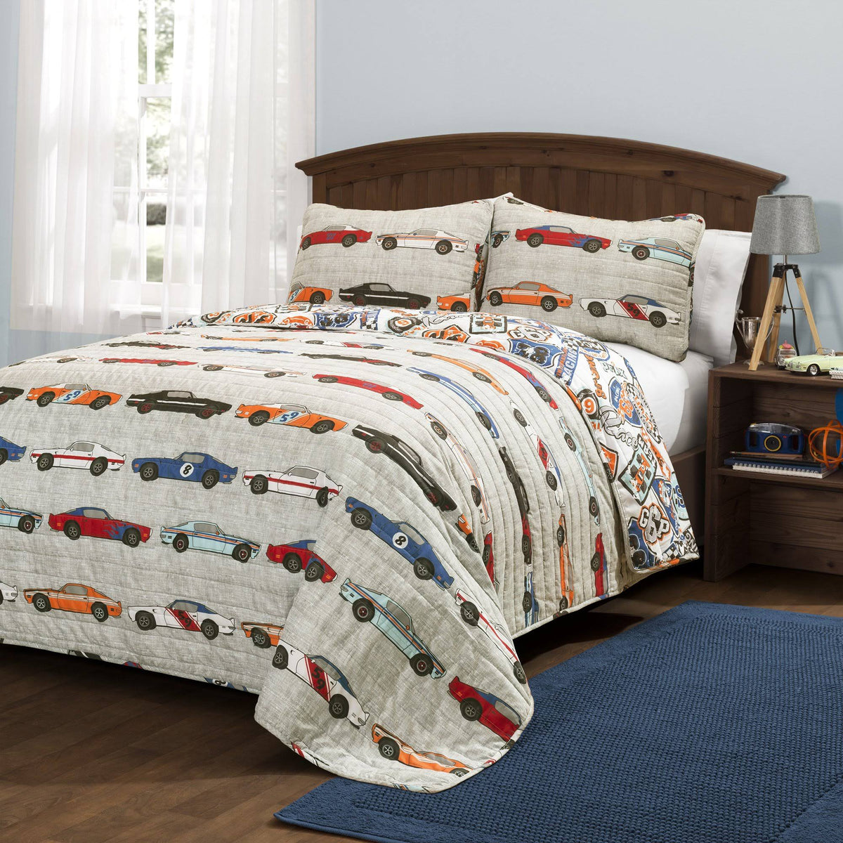 Blue & Orange Race Cars Quilt Set Twin J6425