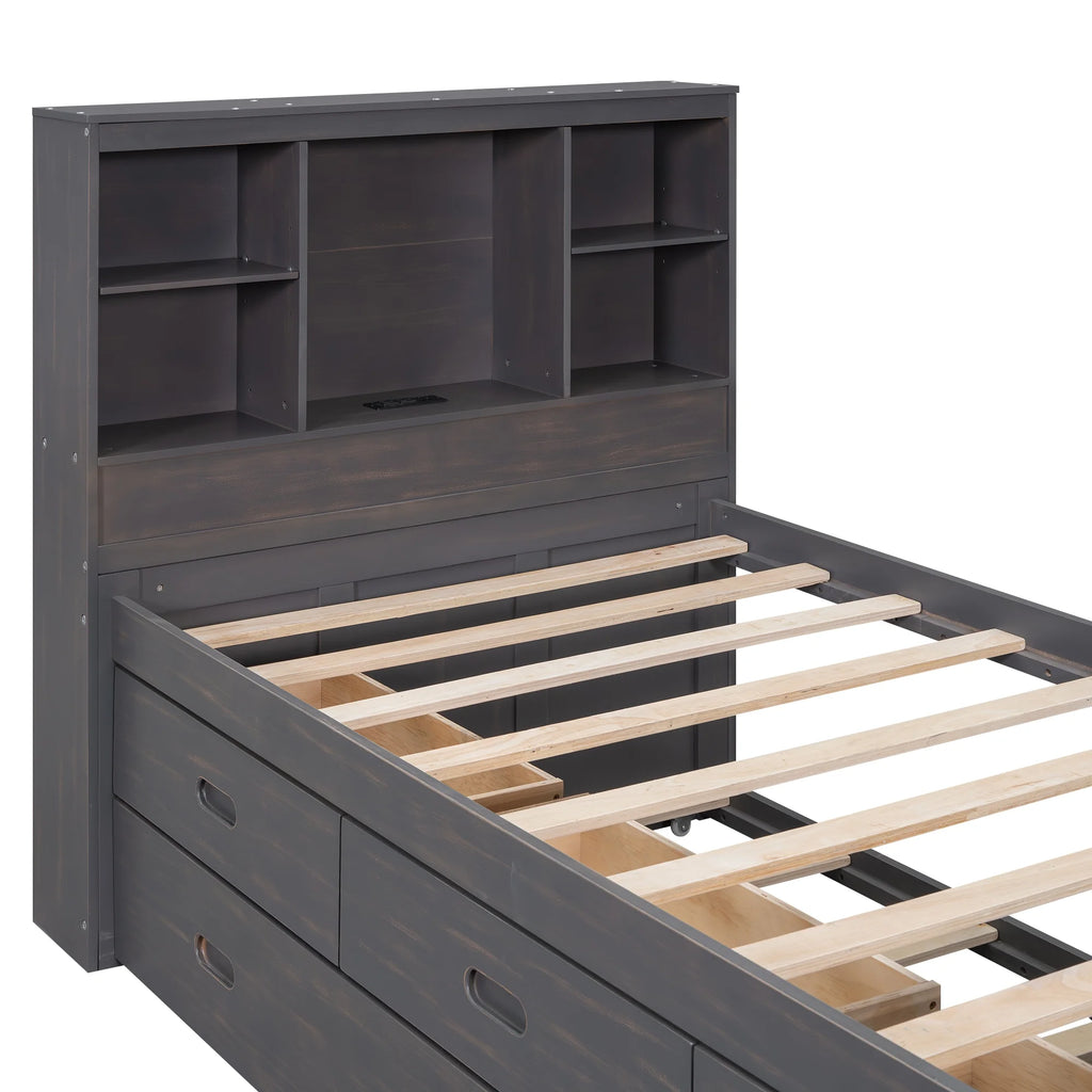 Twin Size Wood Platform Bed with Storage Headboard and Trundle C202605