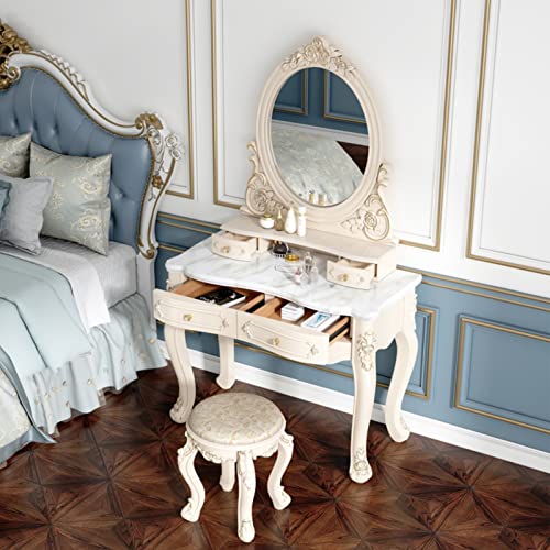 White Makeup Vanity with LED Light Mirror and Cushioned Stool A336