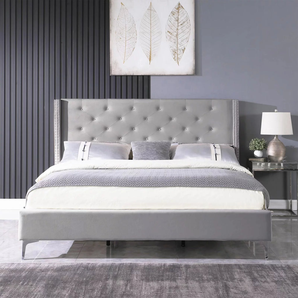 Wood Platform Bed Frame with Upholstered Headboard California King Gray I1671