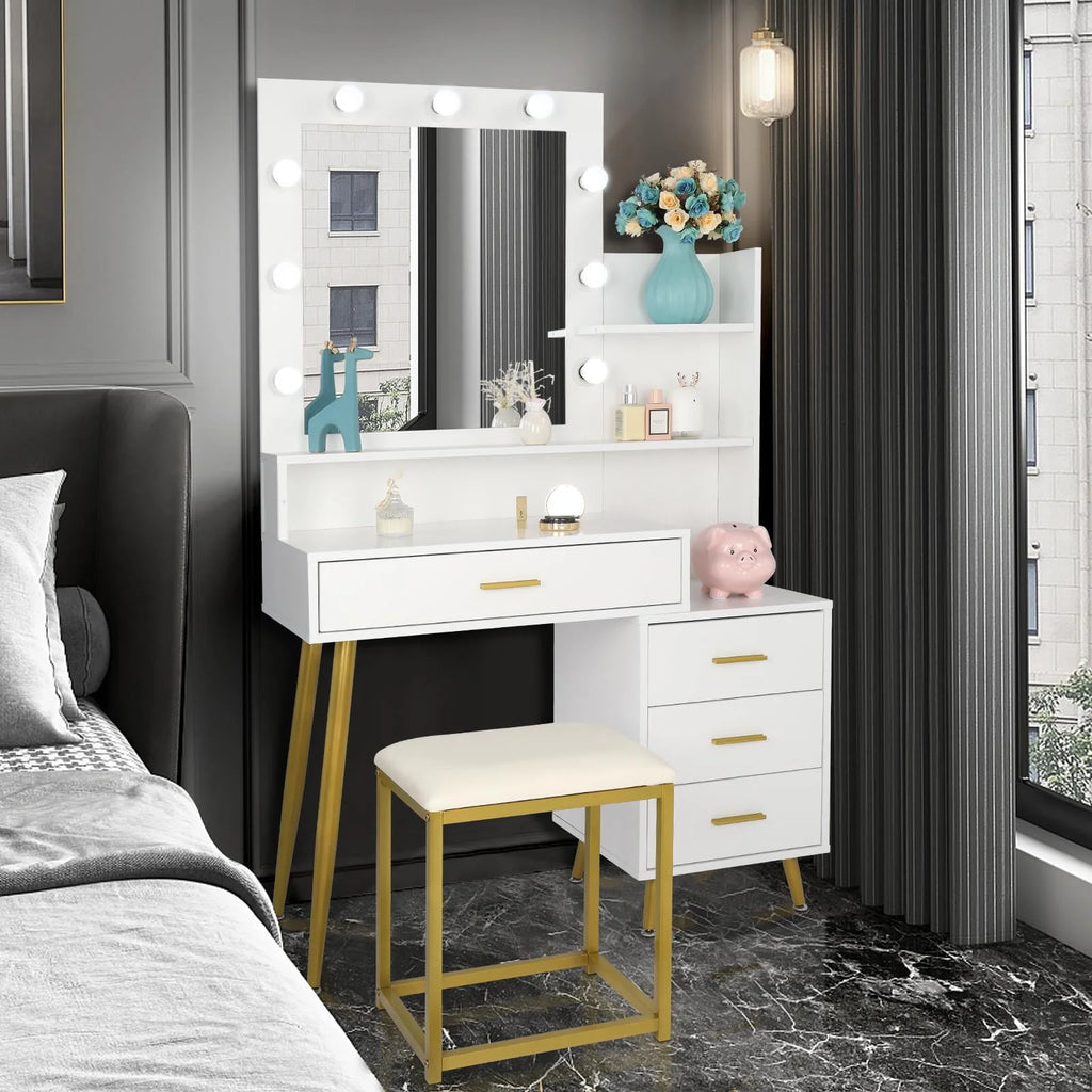 White Vanity Table Set with Lighted Mirror and 4 Drawers T42857