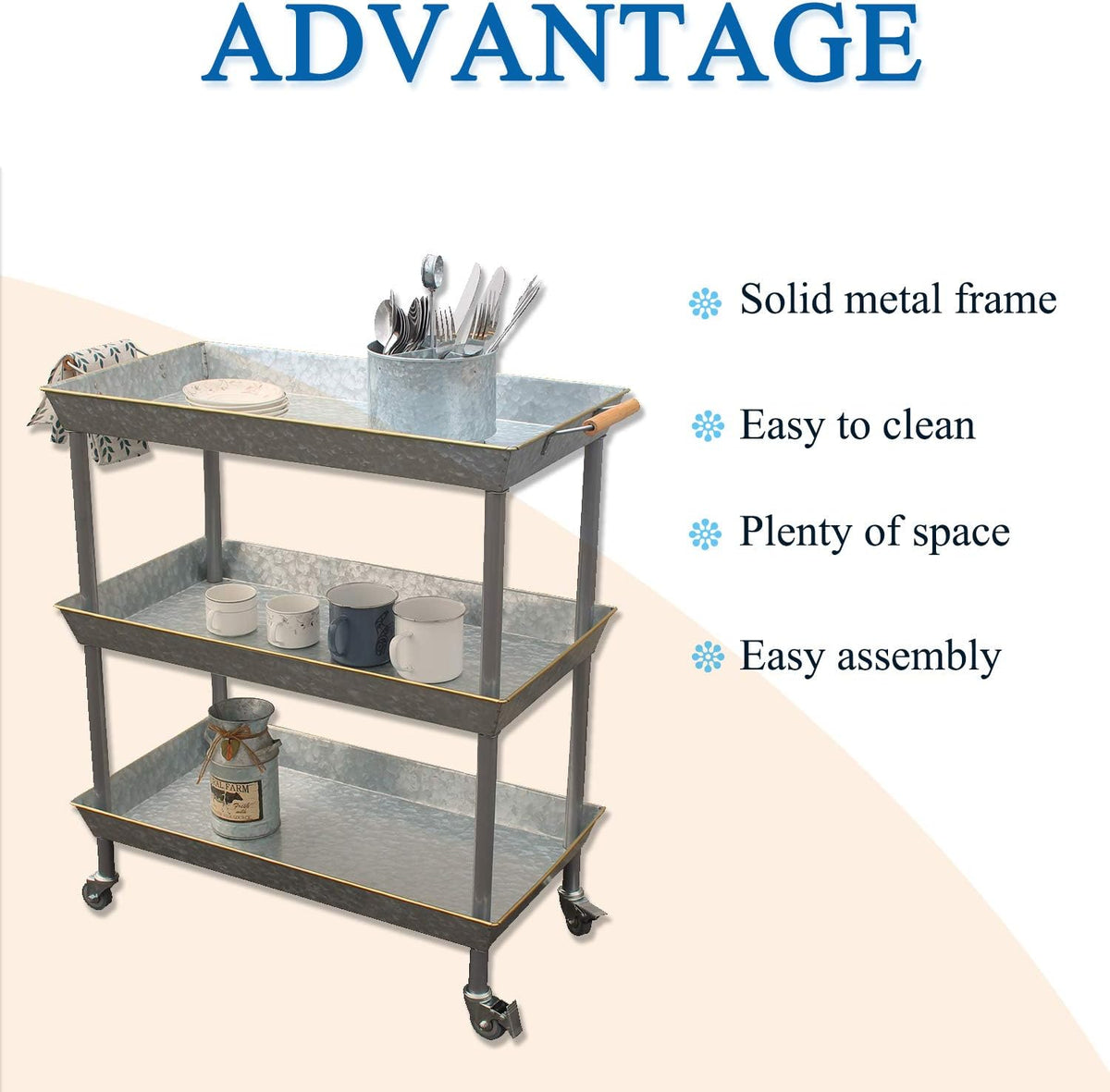 3 Tier Galvanized Metal Utility Cart with Wheels O987770