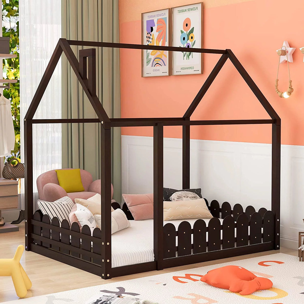 Full Size Pine Wood Cabin Bed with Guardrails N654
