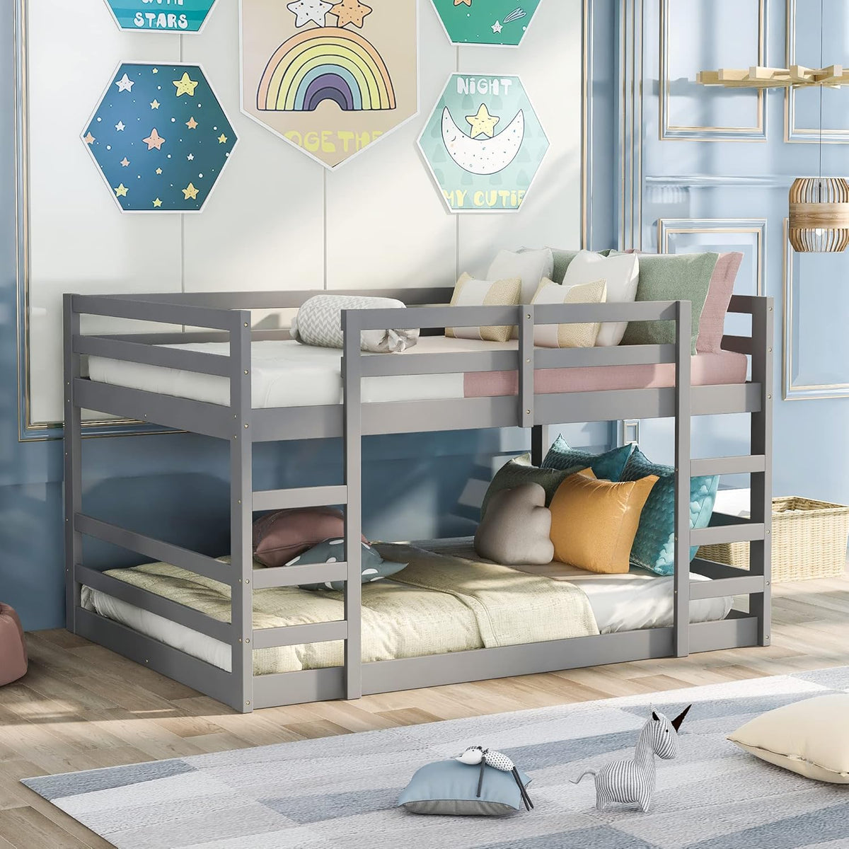 Twin Size Wood Triple Bunk Bed with Guard Rail and Ladder B7120