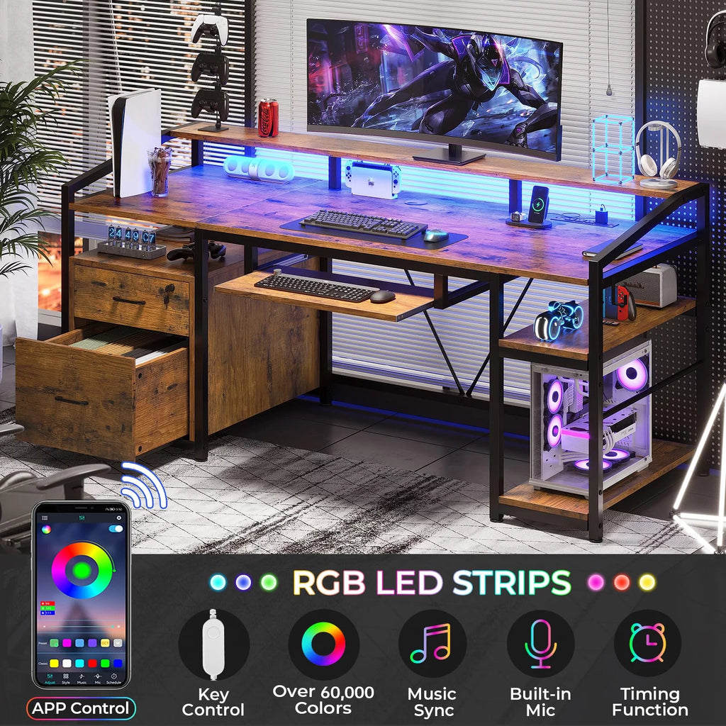 Computer Desk with LED Light and Power Outlet, 63 inches Gaming Desk with Lock Drawers E628