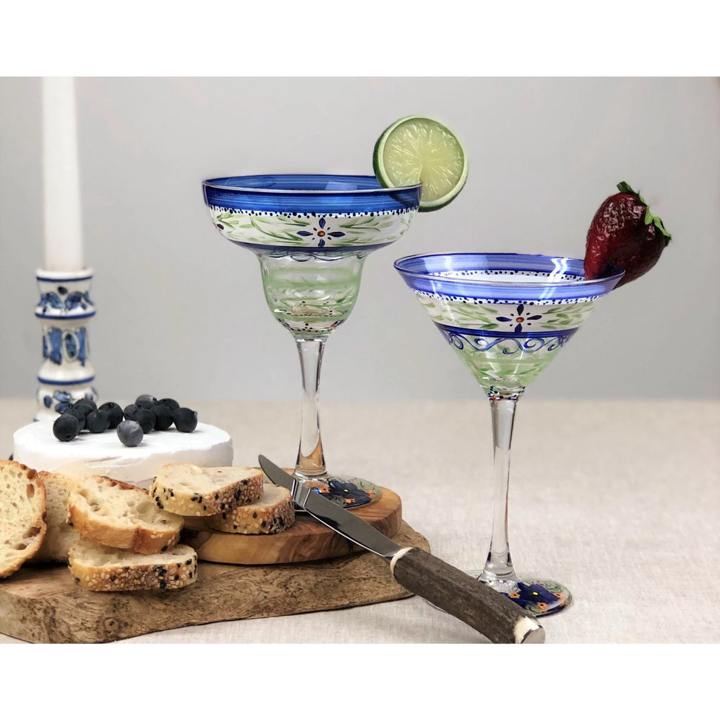 Set of 2 Green Floral Hand Painted Stemware Glasses 12 oz Z7394