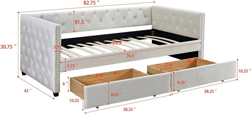 Velvet Upholstered Daybed with 2 Storage Drawers W681