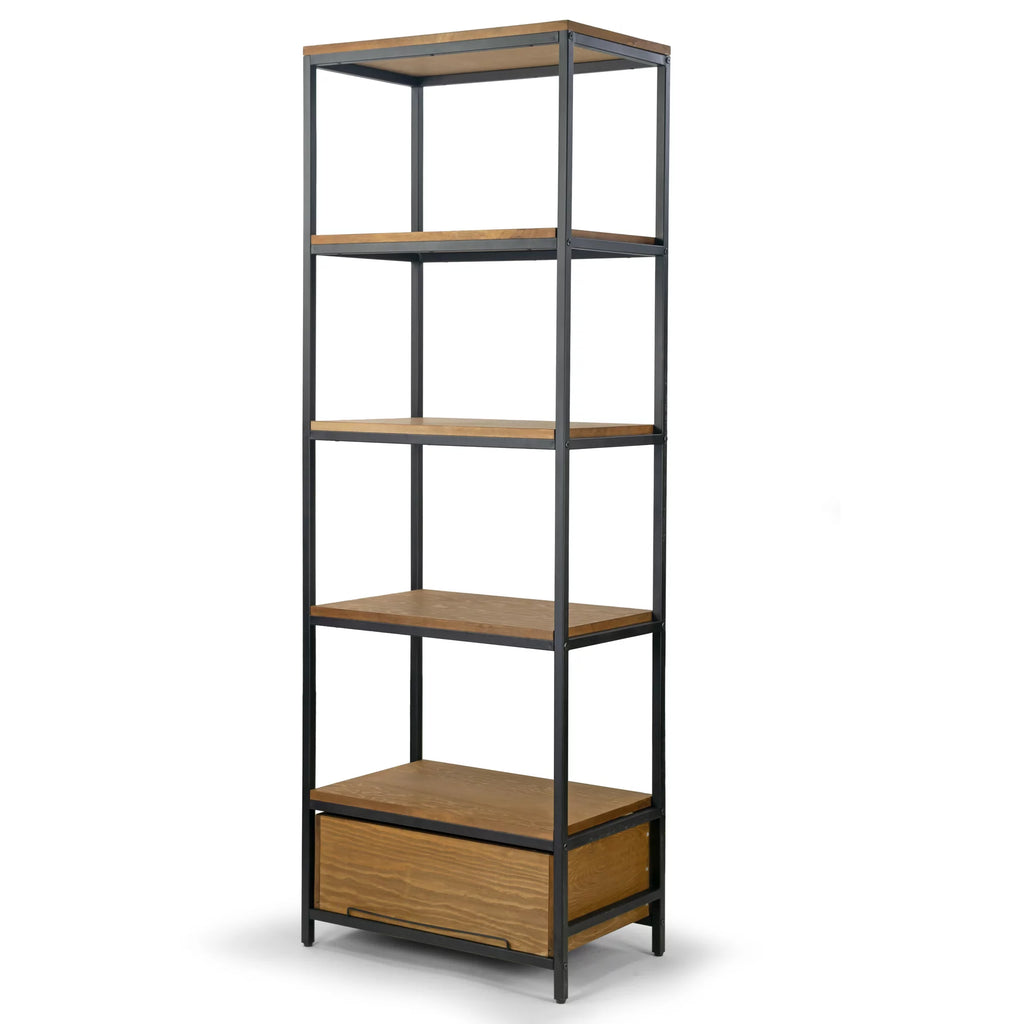 Brown Wood and Metal Bookcase with Drawer Y5799