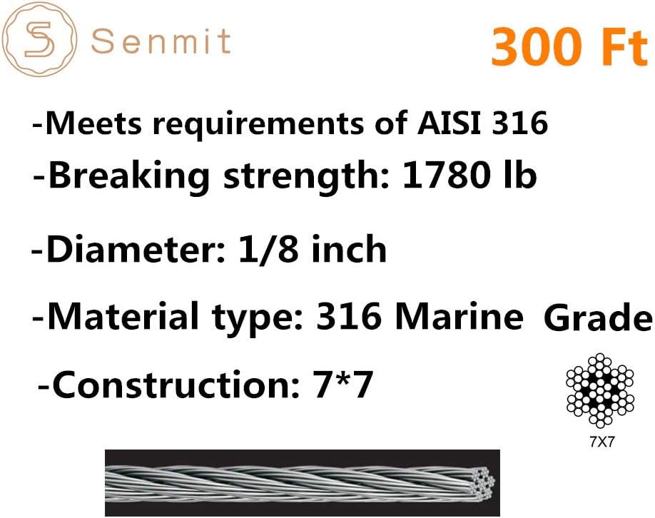 1/8 Stainless Steel Aircraft Wire Rope, 7 x 7 400 Feet T 316 Marine Grade G37918