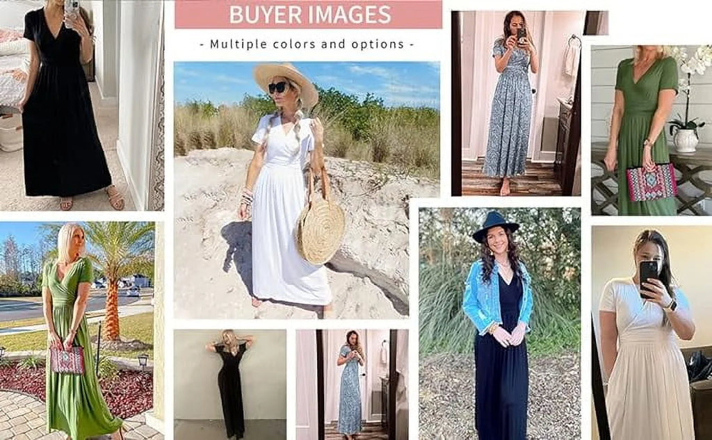 Women's Short Sleeve Wrap Waist Maxi Dress with Pockets C729270