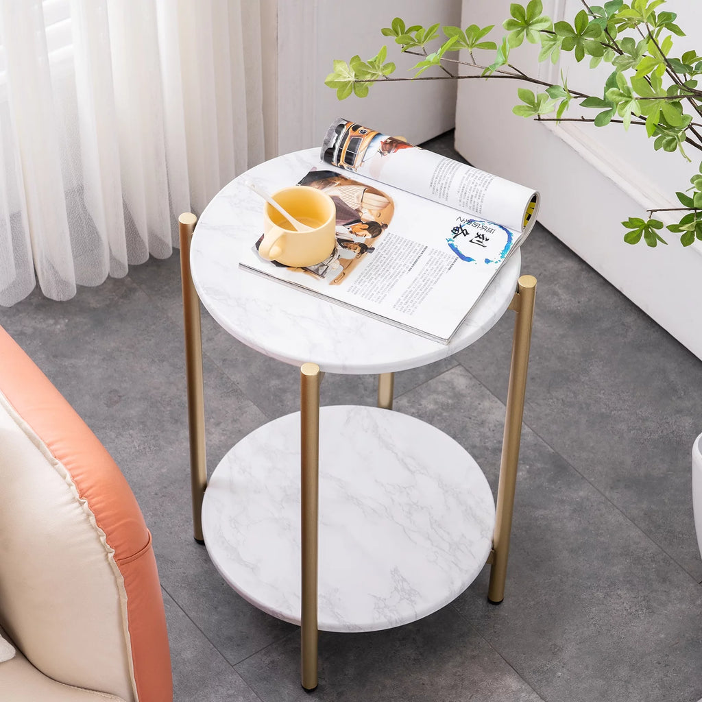 Gold White 2-Tier Round Faux Marble End Table T12201
