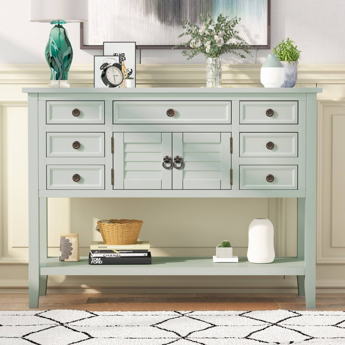 Light Blue Green Pine Console Table with 7 Drawers 1 Cabinet 1 Shelf V3550