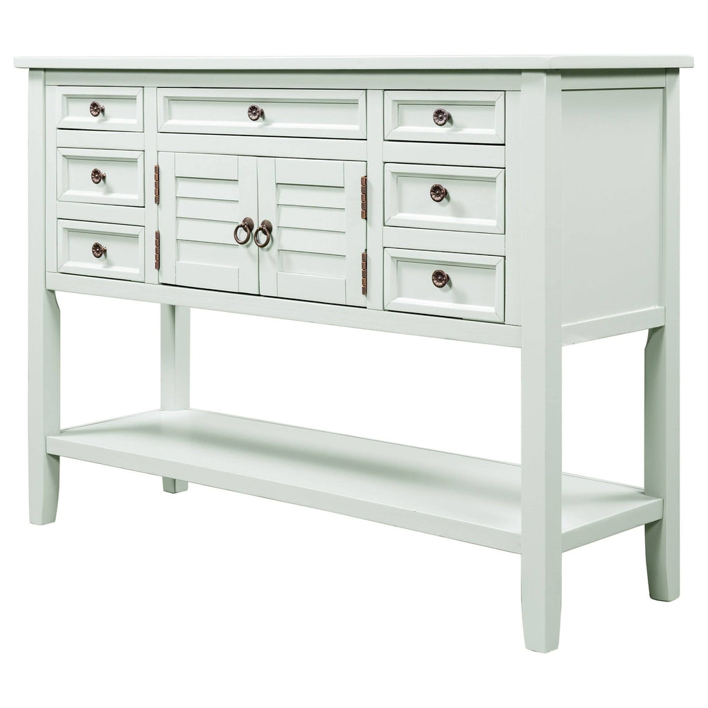 Light Blue Green Pine Console Table with 7 Drawers 1 Cabinet 1 Shelf V3550