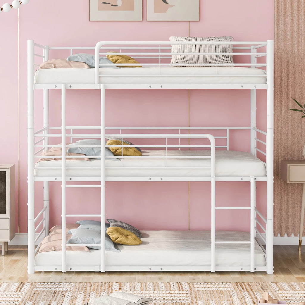 White Metal Triple Bunk Bed with Built-in Ladder R4252