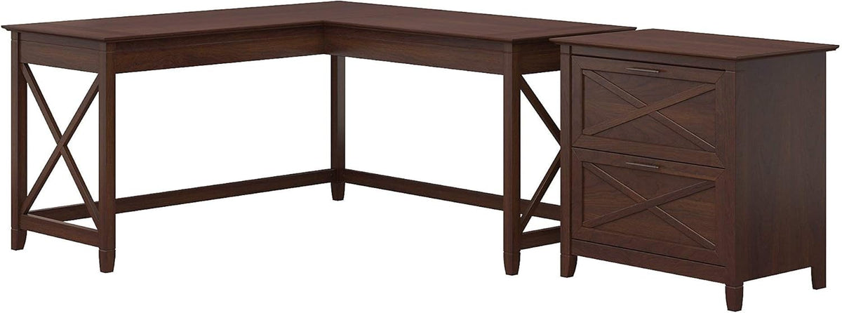 60W L Shaped Desk with 2 Drawer Lateral File Cabinet, Bing Cherry U24823