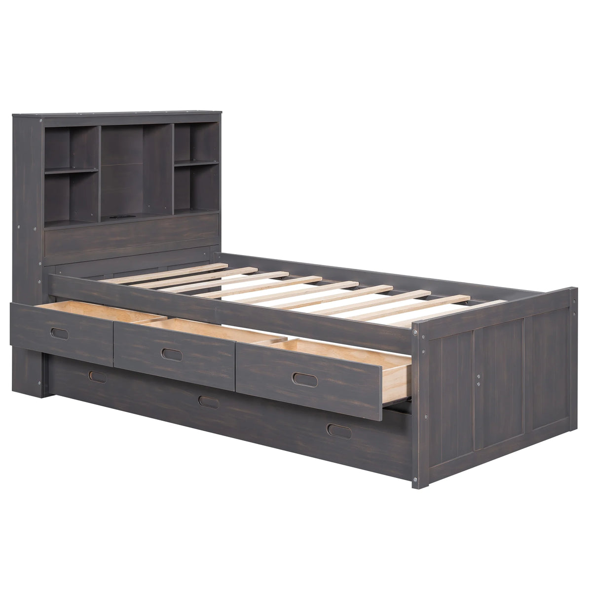 Twin Size Wood Platform Bed with Storage Headboard and Trundle C202605
