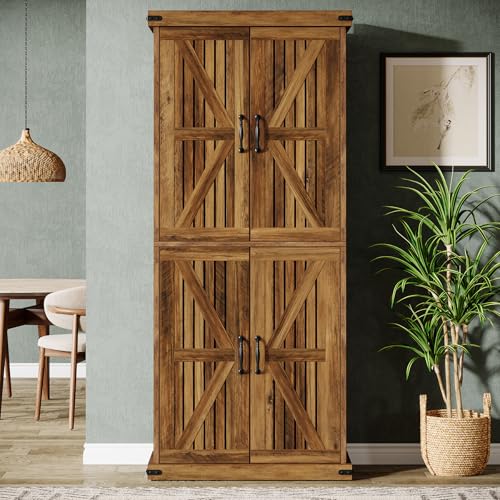 71" Tall Kitchen Pantry, Farmhouse Storage Cabinet with Barn Doors and Adjustable Shelves, Rustic Wooden Cupboard, Brown H98457