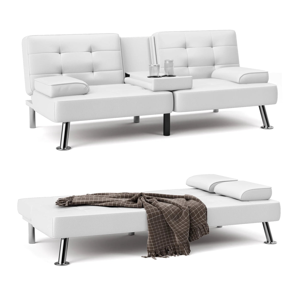 Faux Leather Convertible Futon Sofa Bed with 2 Cup Holders U80141