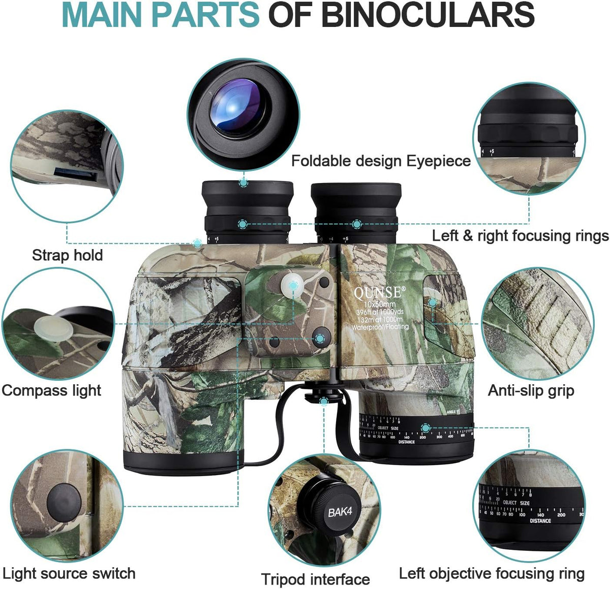 Camouflage 10X50 Waterproof Marine Binoculars with Rangefinder Compass R53692