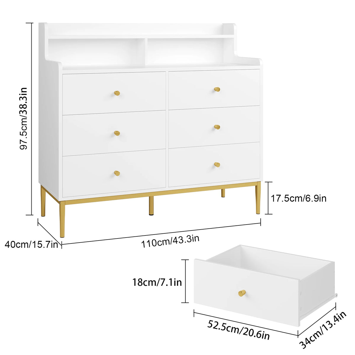 White 6 Drawer Wood Dresser with Hutch G1776