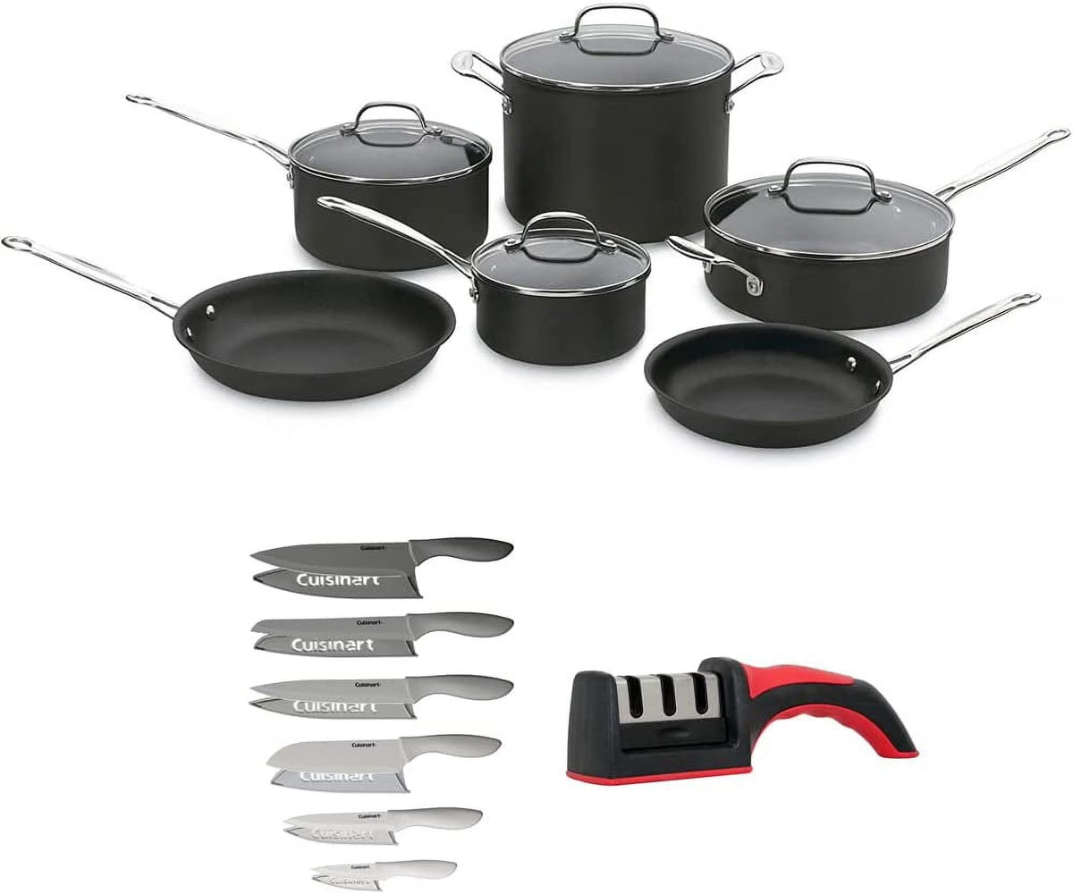 10-Piece Nonstick Hard-Anodized Cookware Set with 12-Piece Knife Set and Knife Sharpener I6152