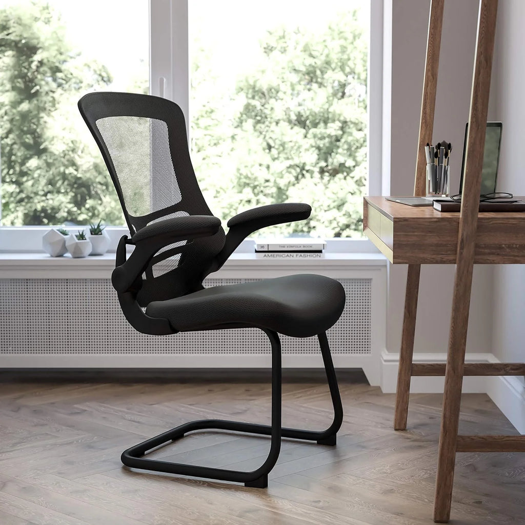 Black Mesh Sled Base Side Reception Chair with Arms N693