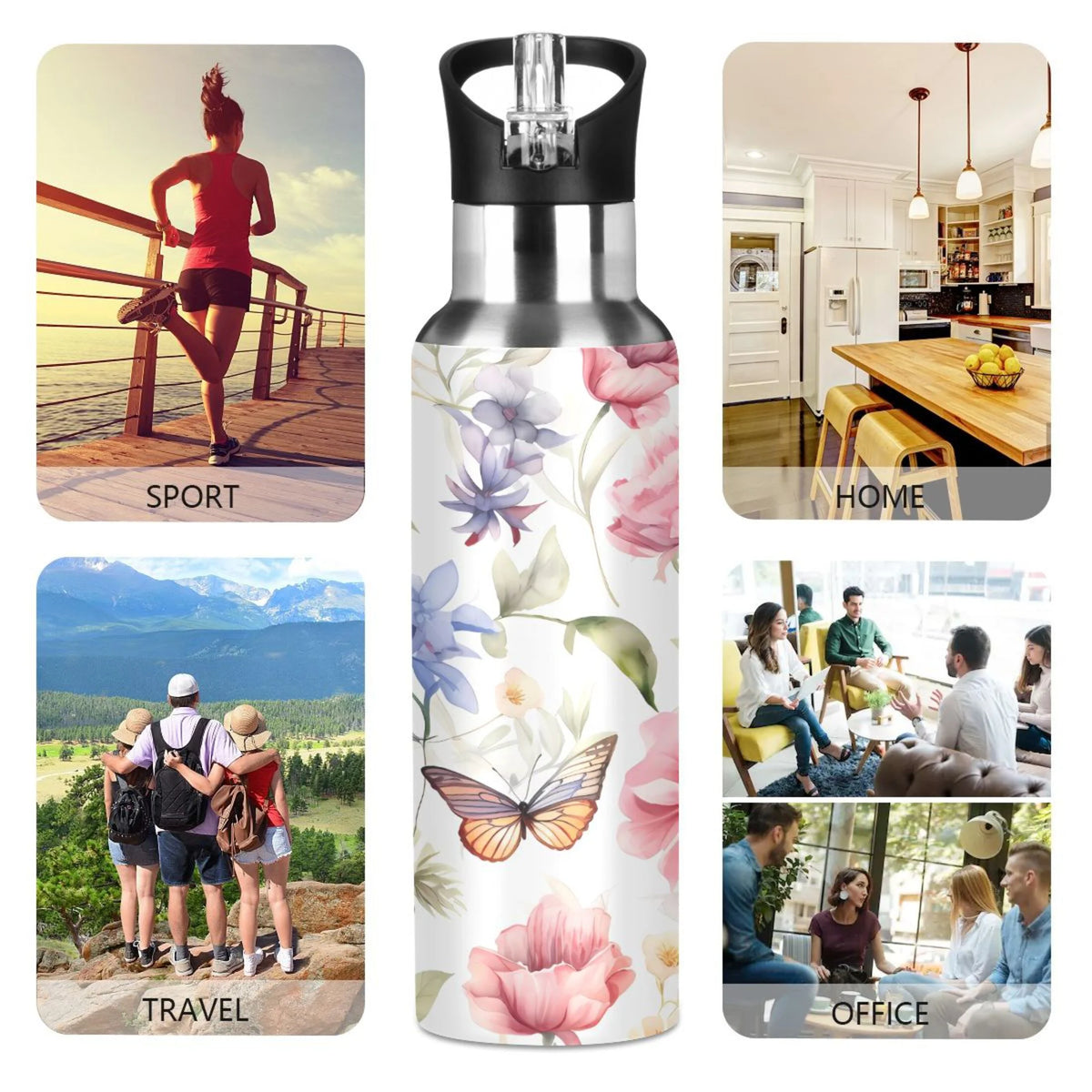 Stainless Steel Insulated Thermos Vacuum Flask Water Bottle with Straw Lid S278945