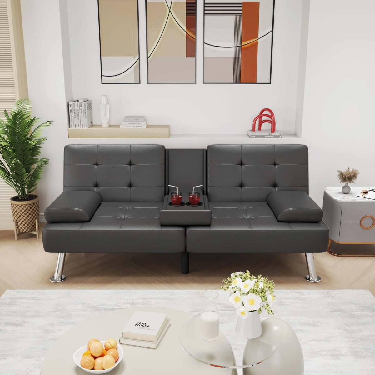 Faux Leather Convertible Futon Sofa Bed with 2 Cup Holders U80141