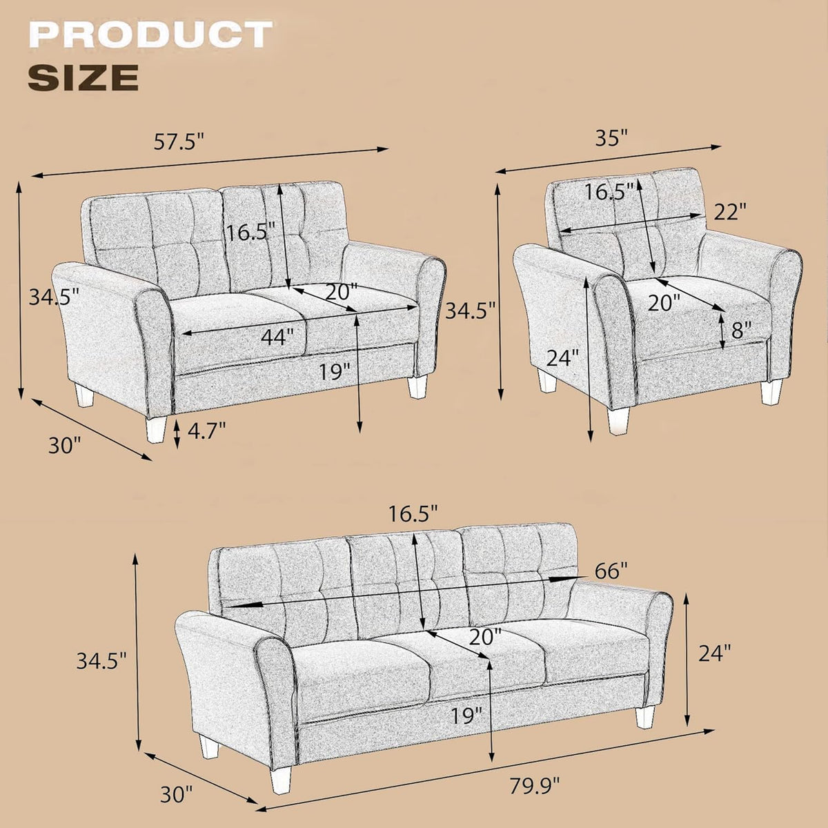 Light Grey-Blue 3-Seat Sectional Sofa Set with Armchair Loveseat U56734