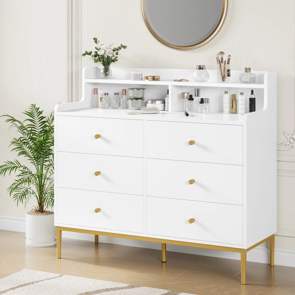 White 6 Drawer Wood Dresser with Hutch G1776