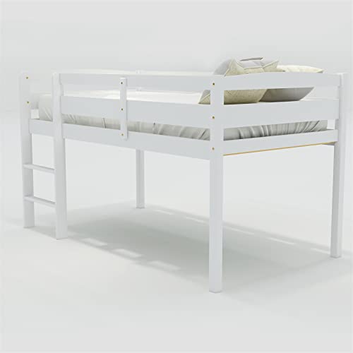 White Twin Size Wooden Loft Bed Frame with Ladder Y56205