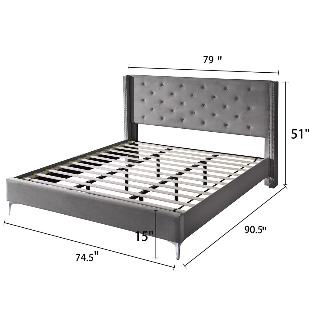 Wood Platform Bed Frame with Upholstered Headboard California King Gray I1671