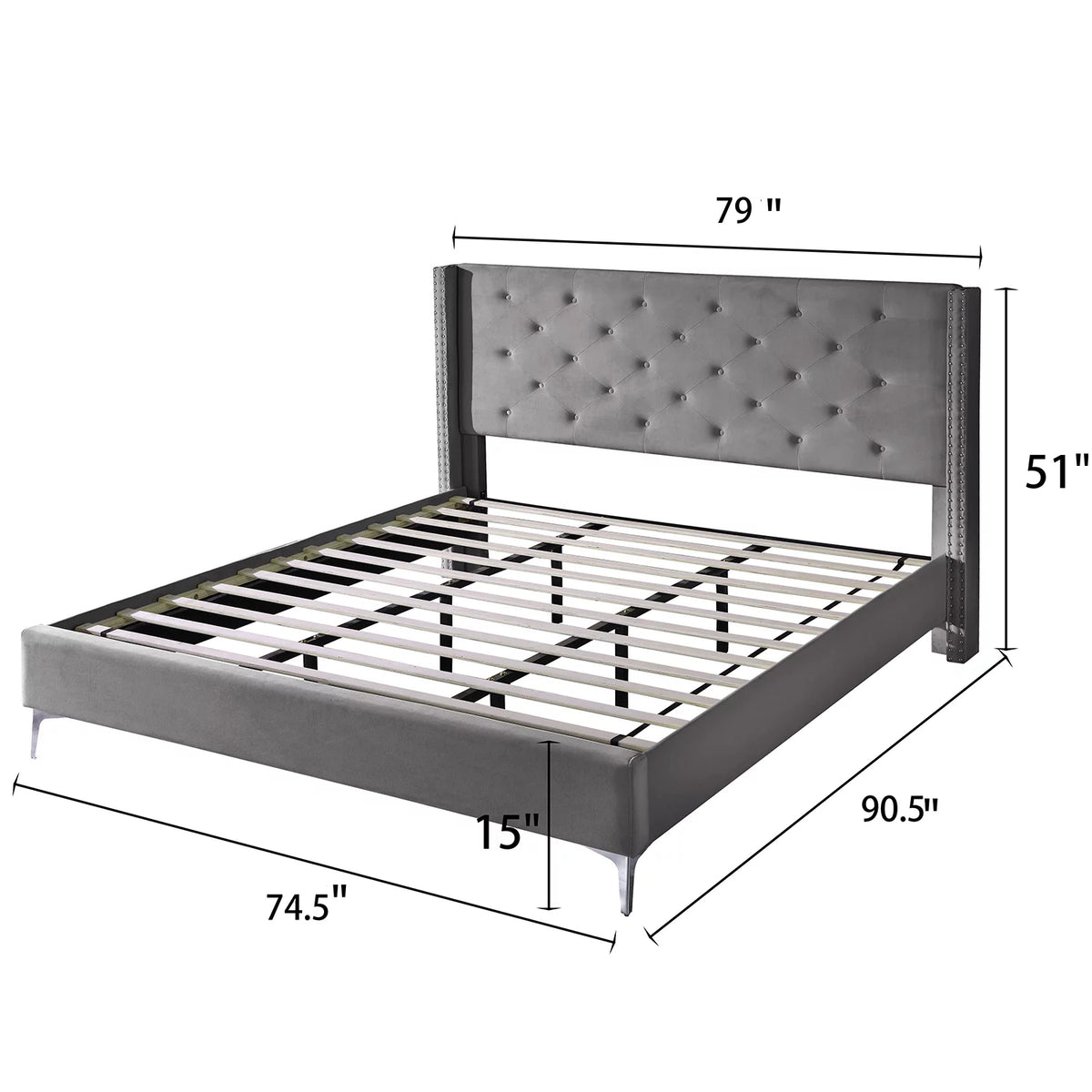 Wood Platform Bed Frame with Upholstered Headboard California King Gray I1671