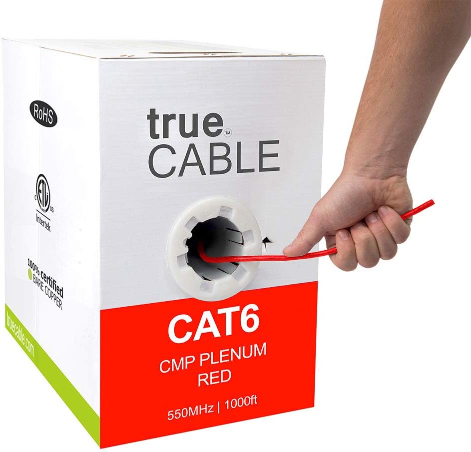 Cat6 Plenum 1000ft Black 23AWG 4 Pair Solid Bare Copper Bulk Ethernet Cable W130