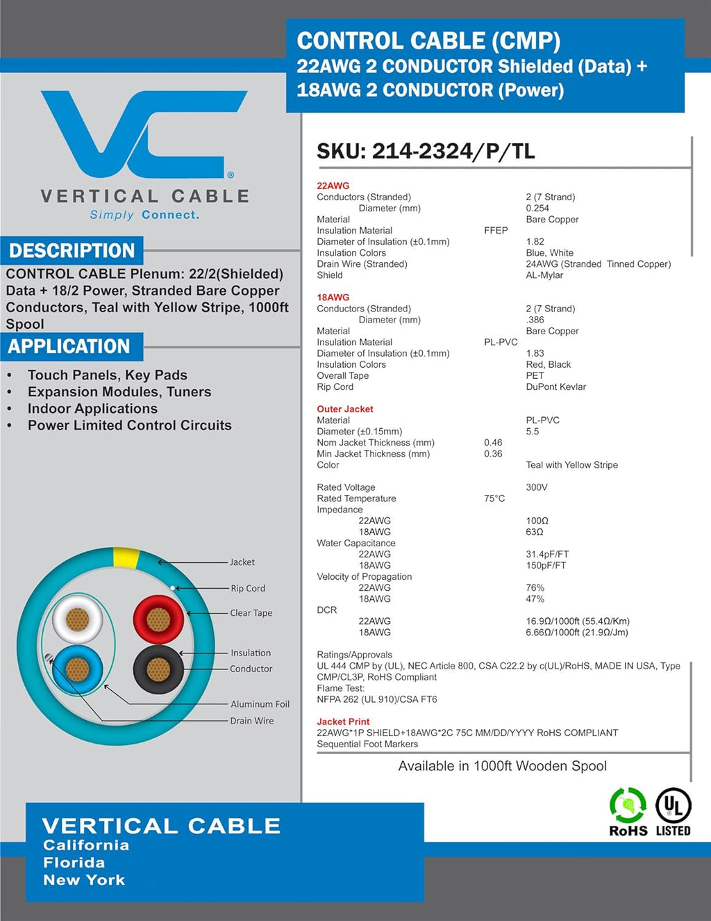 22AWG/2 Shielded Data + 18AWG/2 Power Stranded Bare Copper Cable, Teal with Yellow Stripe, 1000ft A952809
