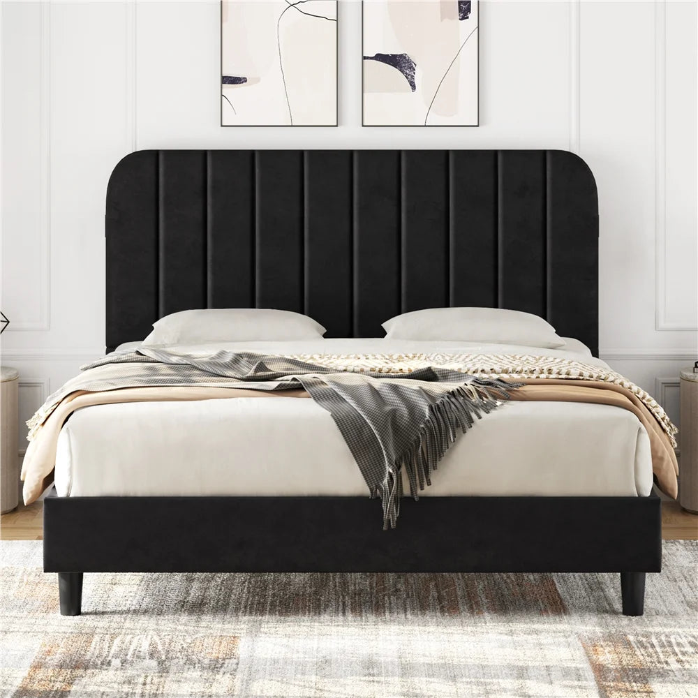 Black Upholstered Queen Platform Bed with Headboard I21141