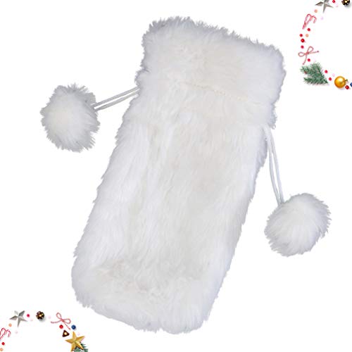 White Faux Fur Drawstring Wine Bottle Cover Bag H2293