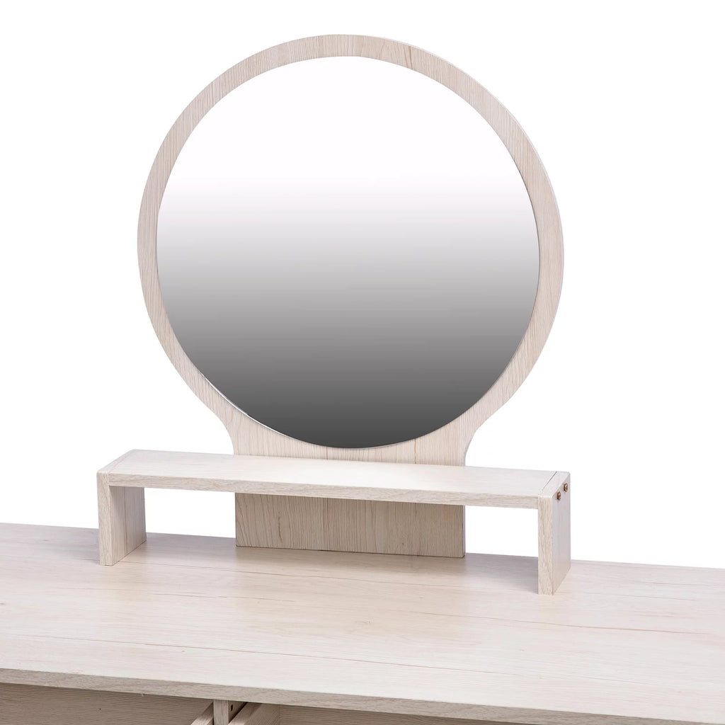 Makeup Vanity Table with Cushioned Stool, 5 Drawers, Round Mirror A510