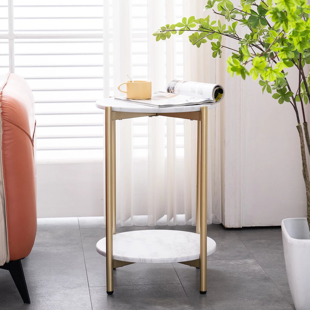 Gold White 2-Tier Round Faux Marble End Table T12201