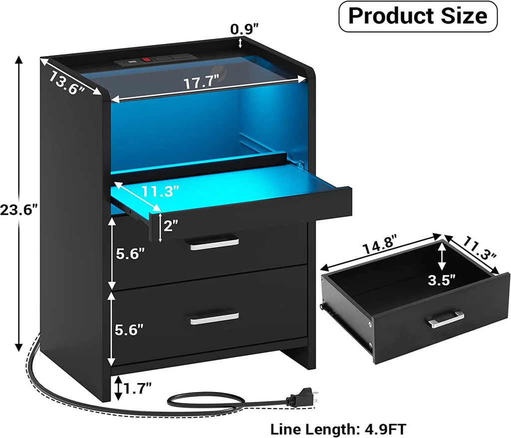 Black LED Nightstand with USB Charging and Drawers J970