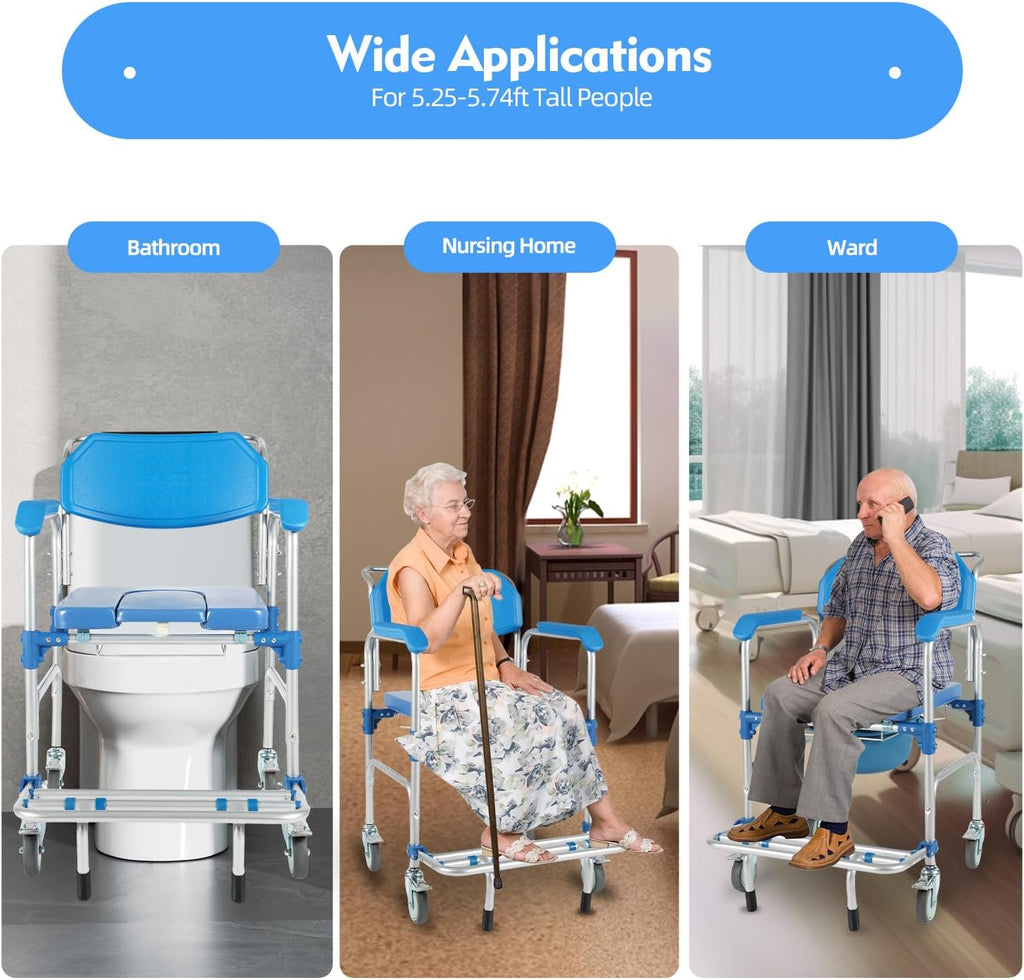Shower Commode Wheelchair with 4 Universal Wheels, 330Lbs Capacity K6482